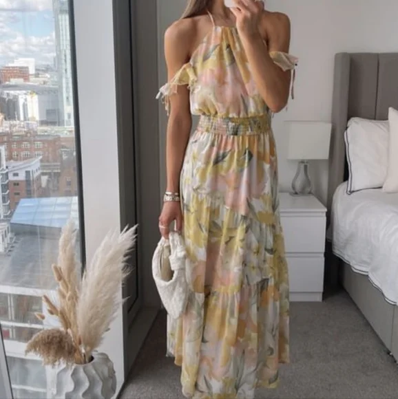 Zara | Dresses | Zara Metallic Thread Ruffled Floral Midi